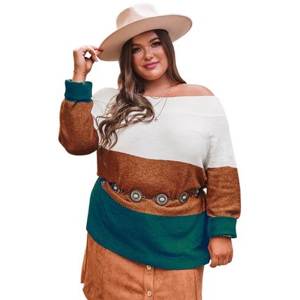 Brown Plus Size Ribbed Trim Color Block Sweater