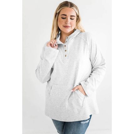 Gray Plus Size Kangaroo Pocket Henley Button Hoodie