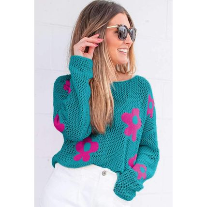 Sea Green Big Flower Hollowed Knit Drop Shoulder Sweater
