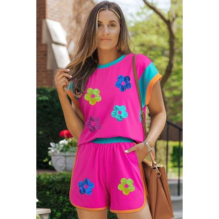 Rose Red Sequined Flower Graphic Colorblock 2 Piece Shorts Set