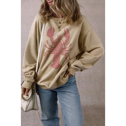 Parchment Rhinestone Crawfish Graphic Crewneck Oversized Sweatshirt