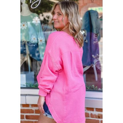 Bonbon Half Buttons Chest Pocket Drop Sleeve Plus Size Top