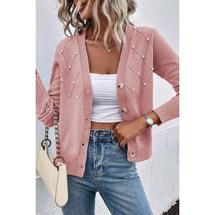 Sepia Rose Textured Knit Pearl Beaded Button Up Cardigan