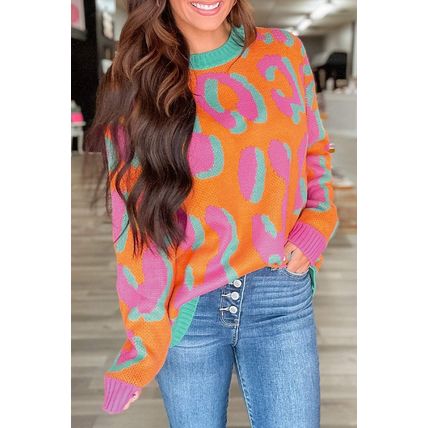 Orange Leopard Colorblock Ribbed Edge Sweater