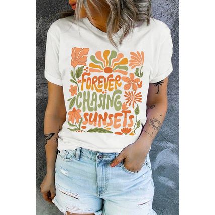 White FOREVER CHASING SUNSETS Floral Print T Shirt