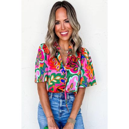 Rose Summer Plant Print Lace up V Neck Short Sleeve Blouse