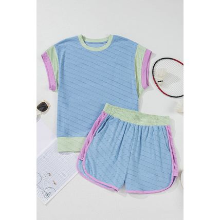 Beau Blue Corded Knit Contrast Trim Round Neck Cap Sleeve 2pcs Short Set