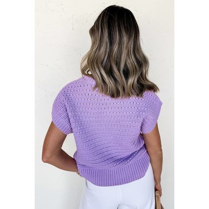 Lavendula Pointelle knit Ribbed Trim Short Sleeve Sweater