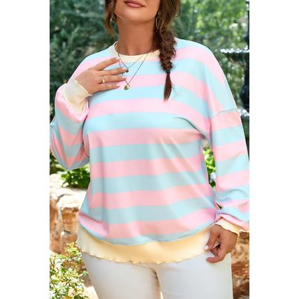 Sky Blue Stripe Drop Shoulder Crewneck Plus Size Sweatshirt