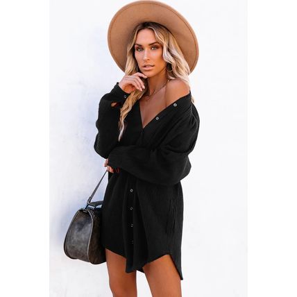 Black Corduroy Shirt Style Full Button Long Sleeve Shift Mini Dress