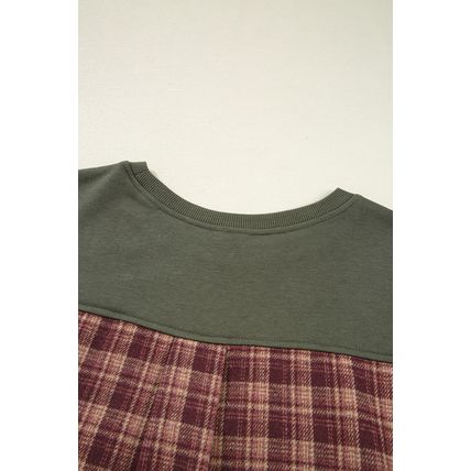 Moss Green Vintage Plaid Patchwork Drop Shoulder Sweatshirt