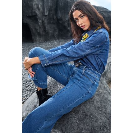 Dark Blue Plain Seam Detail Flared Bottom Ankle Length Jeans