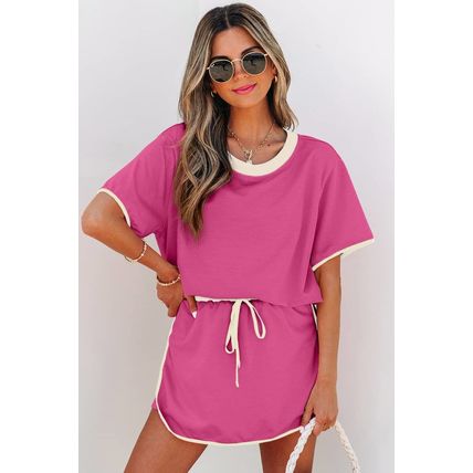 Rose Red Colorblock Edge Drop Shoulder T Shirt and Skort 2Pcs Set