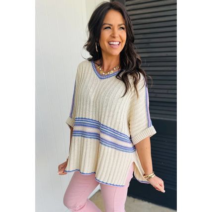White Striped V Neck Dolman Sleeve Rib Knit Oversized Sweater with Slits