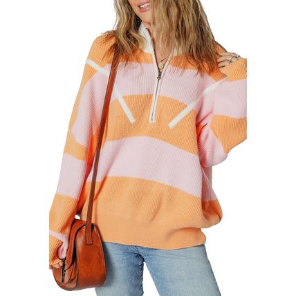 Orange Stripe Colorblock Half Zip Oversize Sweater