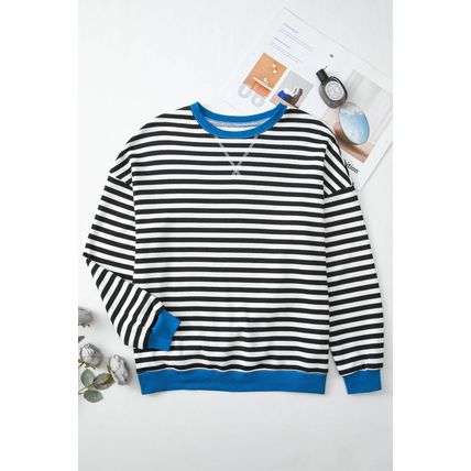 White Stripe Striped Contrast Ribbed Trim Crossed Stitch Drop Shoulder Sweatshir