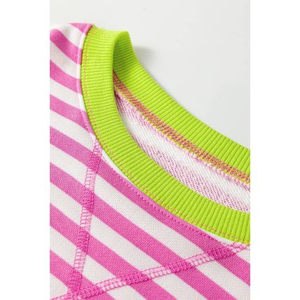 Rose Red Striped Contrast Ribbed Trim Crossed Stitch Drop Shoulder Sweatshirt