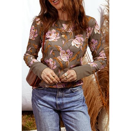 Brown Floral Print Waffle Textured Long Sleeve Top