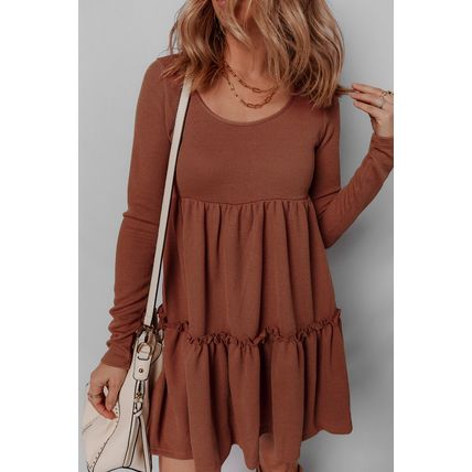 Straw Yellow Ribbed Frilled Trim High Waist Long Sleeve Mini Dress