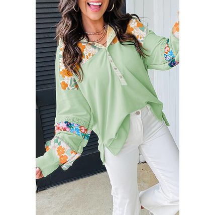 Clearly Aqua Lace Floral Patchwork Half Button Hooded Pullover