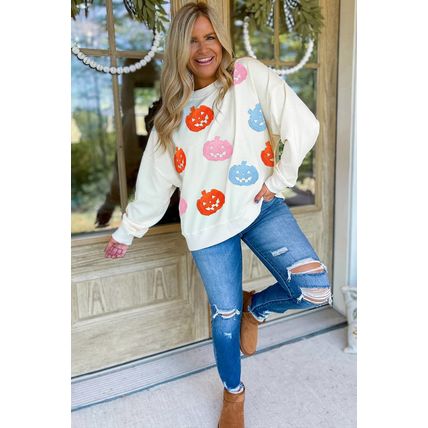White Halloween Pumpkin Patched Loose Sweatshirt
