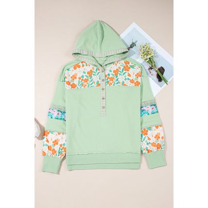 Clearly Aqua Lace Floral Patchwork Half Button Hooded Pullover