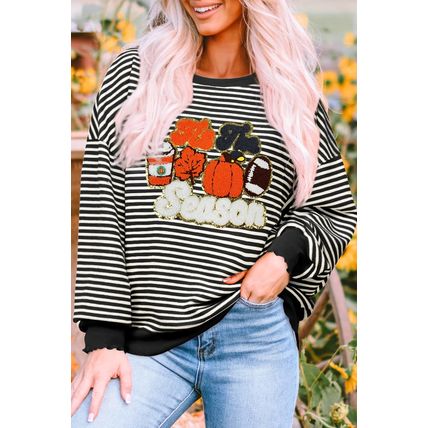 Black Stripe Tis The Season Chenille Patched Graphic Drop Shoulder Long Sleeve T