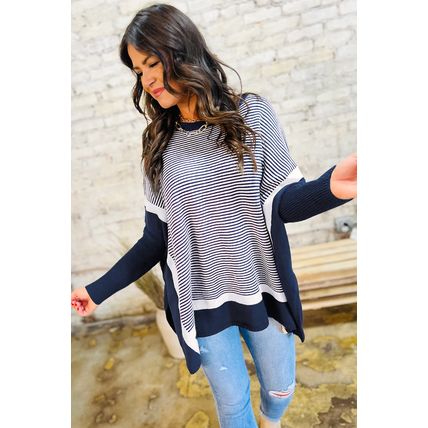 Blue Stripe Color Block Patchwork Dolman Oversize Tunic Sweater