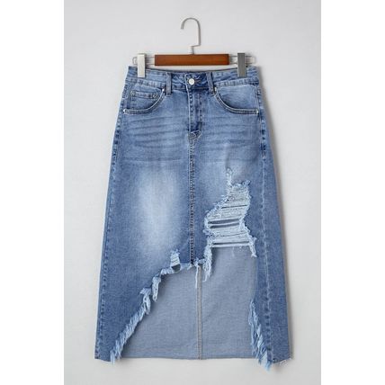 Myosotis Irregular Distressed Bottom Denim Midi Skirt