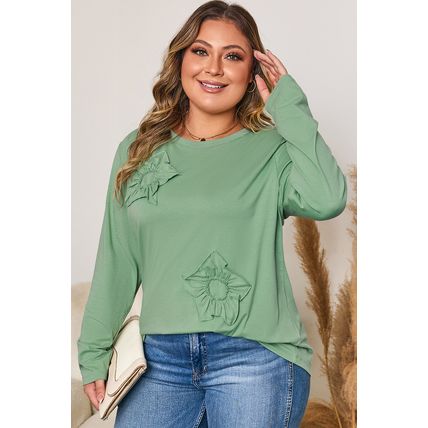 Grass Green Flower Applique Mineral Wash Plus Size Top