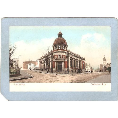 Rhode Island Pawtucket Postcard Post Office Street Scene Intersection w/Ho~1064