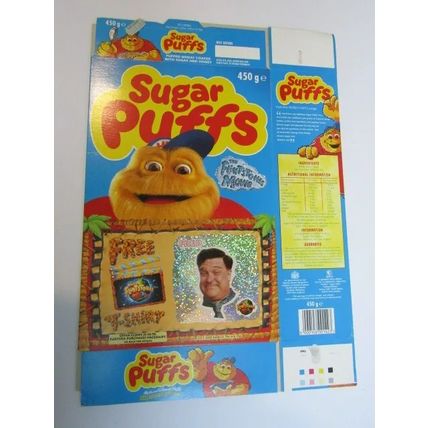 Sugar Puffs 1994 The Flintstones Sticker FRED T-Shirt Offer Empty Cereal Box