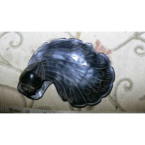 Rare Black Alabaster Japanese Peacock Brush Tray or Trinket Dish