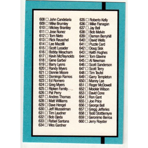 1988 Donruss Baseball Checklist unmarked card #600