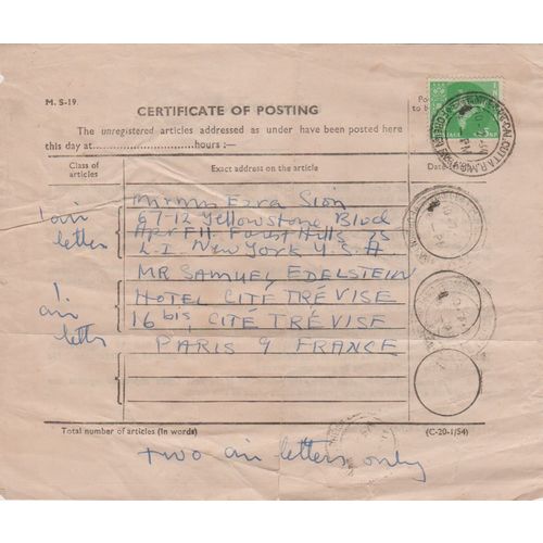 Certificate of Posting 1934 from India for 2 letters see rest