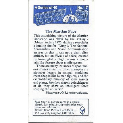 Unexplained Mysteries of the World 1987 Brooke Bond Tea Card 17 - Martian Face