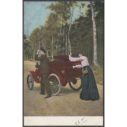 Couple Pushing an Early Motor Car, 1904 - Postcard