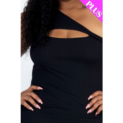 Plus Size Ribbed One Shoulder Cutout Front Casual Mini Bodycon Dress