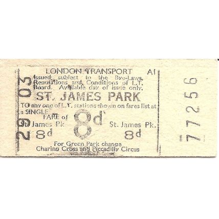 London Transport BMR Machine Ticket - St. James Park - 8d.