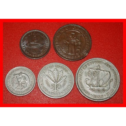 Ⰶ GREAT BRITAIN:CYPRUS★3-5-25-50-100 MILS 1955 COMPLETE SET★LOW START★NO RESERVE