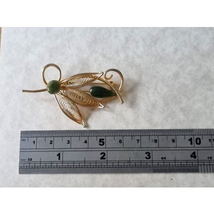 Vintage Jade Brooch, Gold Tone Filigree Leaf, Botanical Jewellery Gift