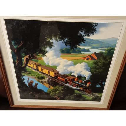 Old Lithograph Print Iron Horse By Brown & Bigelow Framed 17" X 15" 1953