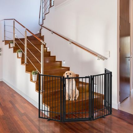 Metal Freestanding Dog Gate with Door, Extra Wide 81", 31" Height Foldable Dog G