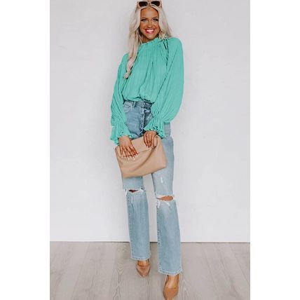 Green Striking Pleated Flared Cuff Long Sleeve Blouse