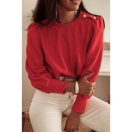 Red Button Tab Detail Long Sleeve Top