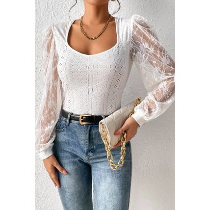 White Frenchy Contrast Lace Bishop Sleeve Bodysuit