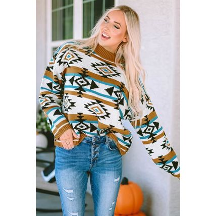 Brown Aztec Striped Knit Ribbed Trim Sweater