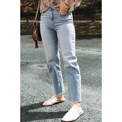 Light Blue Acid Wash Raw Edge Straight Jeans