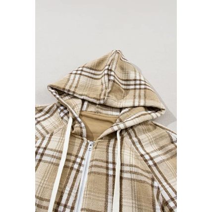 Khaki Printed Zipped Front Pullover Plaid Hoodie