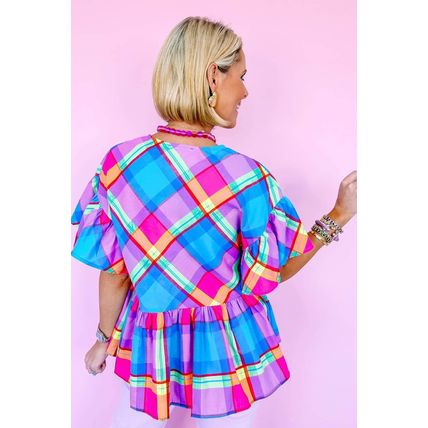 Sky Blue Colorful Plaid V Neck Ruffled Short Sleeve Babydoll Top